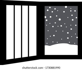 This is a illustration of Open window frame with falling snow 