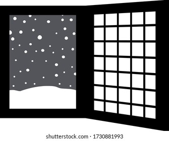 This is a illustration of Open window frame with falling snow 