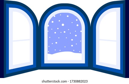This is a illustration of Open window frame with falling snow 