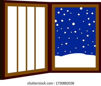 Esta es una ilustración del marco de ventana abierta con nieve en caída 