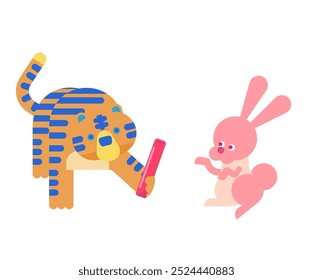 This is an illustration of the passing of the baton from the year of the Tiger to the year of the Rabbit in the zodiac.