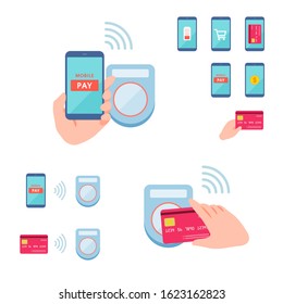This is an illustration of paying with a smartphone and card over a card reader.
This is a neat vector illustration with no outline.


