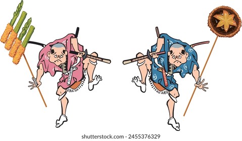 This is an illustration of people in Japanese clothes dancing while holding skewers.