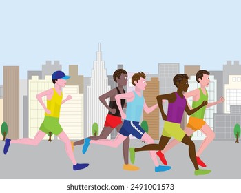 This is an illustration of people running a marathon at an international sports event.