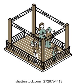 Esta é uma ilustração de pessoas gastando tempo em um deck ou palco de observação ao ar livre.