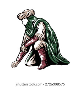This illustration is perfect for themes such as Middle Eastern history, ancient warriors, Islamic culture, traditional clothing, historical education, fantasy world-building, and cultural identity.