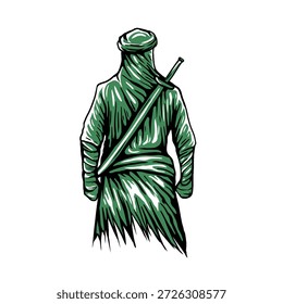 This illustration is perfect for themes such as Middle Eastern history, ancient warriors, Islamic culture, traditional clothing, historical education, fantasy world-building, and cultural identity.