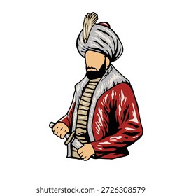This illustration is perfect for themes such as Middle Eastern history, ancient warriors, Islamic culture, traditional clothing, historical education, fantasy world-building, and cultural identity.