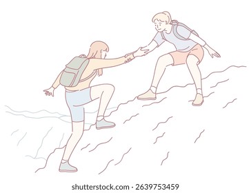 This illustration perfectly captures the essence of friendship and teamwork during a challenging climb together