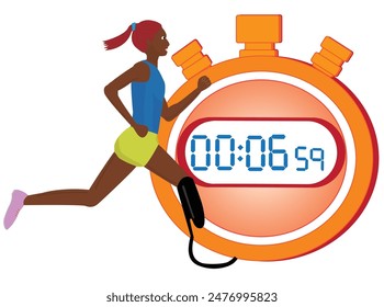 This is an illustration of a person with a disability running with a prosthetic leg. The time is measured with a stopwatch.