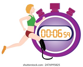 This is an illustration of a person with a disability running with a prosthetic leg. The time is measured with a stopwatch.