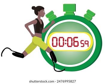 This is an illustration of a person with a disability running with a prosthetic leg. The time is measured with a stopwatch.