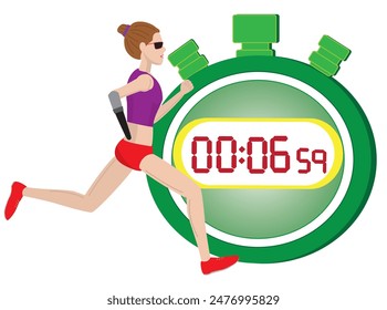 This is an illustration of a person with a disability running with a prosthetic arm. The time is measured with a stopwatch.