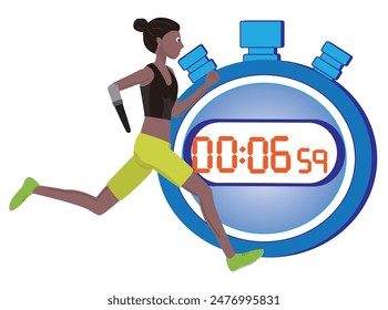 This is an illustration of a person with a disability running with a prosthetic arm. The time is measured with a stopwatch.