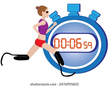 This is an illustration of a person with a disability running with a prosthetic leg. The time is measured with a stopwatch.