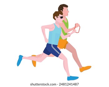 This is an illustration of a person with a disability running with a guide runner.