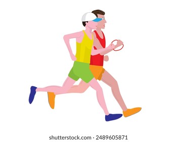 This is an illustration of a person with a disability running with a guide runner.