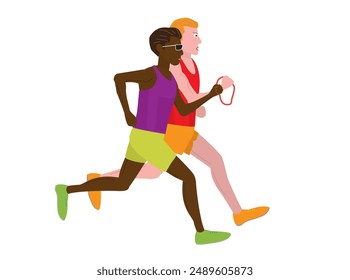 This is an illustration of a person with a disability running with a guide runner.