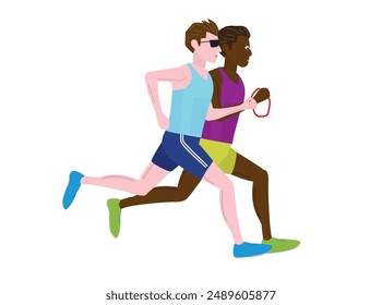 This is an illustration of a person with a disability running with a guide runner.