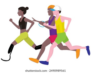 This is an illustration of a person with a disability running with a guide runner.It is a universal relay.