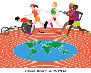 This is an illustration of a person with a disability running with a guide runner.It is a universal relay.