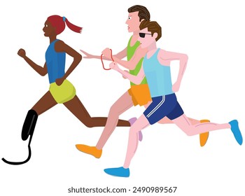 This is an illustration of a person with a disability running with a guide runner.It is a universal relay.