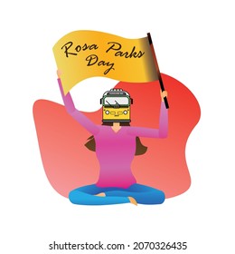 Dies ist eine Illustration einer Person, die die Tagesflagge der Rosa Parks hochhält und die das Gedenken an den Rosa Parktag am 1. Dezember zeigt