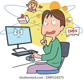 This is an illustration of a person who cannot concentrate because of distracting thoughts.