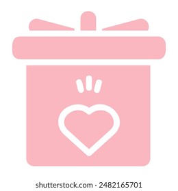 This is an illustration of a pink gift box with a white heart inside and a white bow on top. It symbolizes love, affection, and a special present for someone dear.