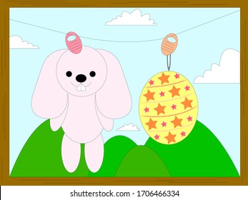 This illustration is a pink rabbit and an egg in the window.