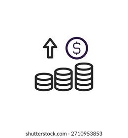 Esta ilustração retrata a ascensão das finanças e a acumulação de riqueza. As pilhas de moedas aumentam de tamanho, juntamente com uma seta que aponta para cima, simbolizando o crescimento do investimento e a