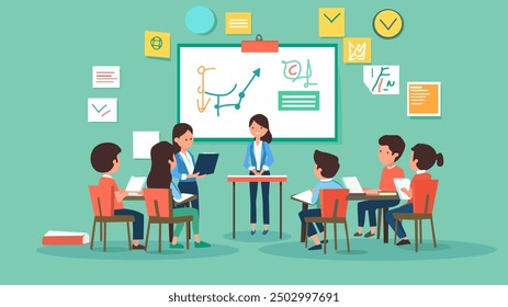 This illustration portrays a classroom scene where a teacher is actively engaged in explaining concepts to a group of attentive students