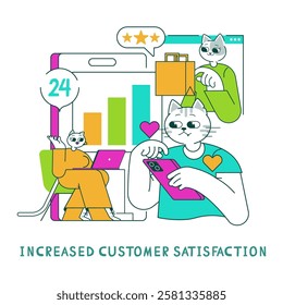 This illustration portrays customer satisfaction through engaging elements like data analysis, communication, and service. It highlights the importance of responsive interaction and positive feedback