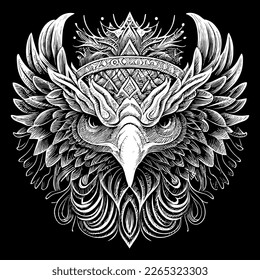 This illustration portrays the fierce and majestic head of an American eagle, with piercing eyes, sharp beak, and detailed feathers. A symbol of power and freedom