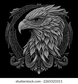 This illustration portrays the fierce and majestic head of an American eagle, with piercing eyes, sharp beak, and detailed feathers. A symbol of power and freedom