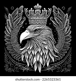 This illustration portrays the fierce and majestic head of an American eagle, with piercing eyes, sharp beak, and detailed feathers. A symbol of power and freedom