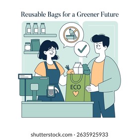 Esta ilustração retrata uma interação amigável em uma loja onde um cliente recebe sacos reutilizáveis para seus mantimentos. A cena enfatiza escolhas ecológicas promovendo a sustentabilidade no dia a dia