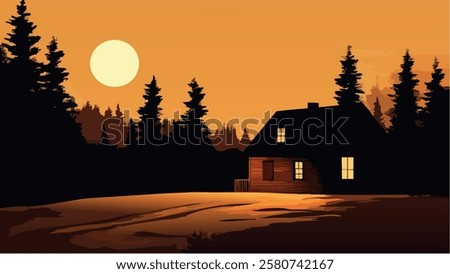 This illustration portrays a peaceful log cabin nestled among dark silhouettes of trees, bathed in the warm golden hues of sunset. 