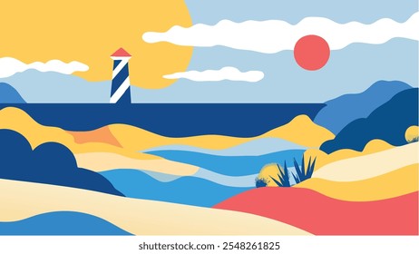 Esta ilustración retrata un cálido y vibrante paisaje de verano donde el Conjuntos del sol sobre el mar, creando una atmósfera serena