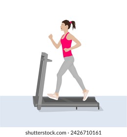 This illustration portrays a young woman engaged in running on a treadmill. She exudes determination and focus as she pursues her fitness goals. Dressed in a pink tank top and gray pants, she epitomiz