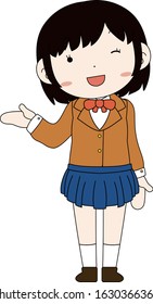 This is a illustration of pose of cute Black hair schoolgirl 