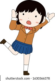 This is a illustration of pose of cute Black hair schoolgirl 