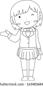 This is a illustration of pose of cute Black hair schoolgirl 