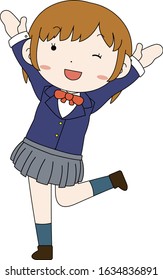 This is a illustration of pose of cute Black hair schoolgirl 