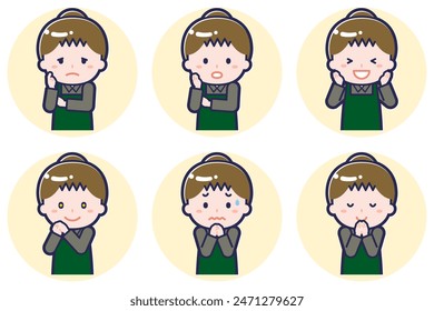 This is an illustration of a pose set of a female cafe clerk.