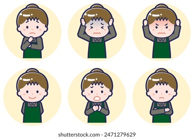 This is an illustration of a pose set of a female cafe clerk.