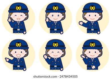 This is an illustration of a pose set of a female police officer.