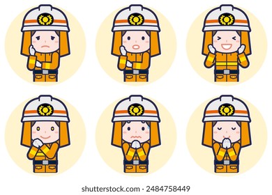 This is an illustration of a pose set of a female firefighter.