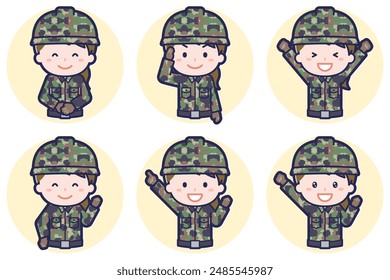 This is an illustration of a pose set of a female Self-Defense Force member.