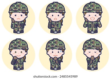 This is an illustration of a pose set of a female Self-Defense Force member.